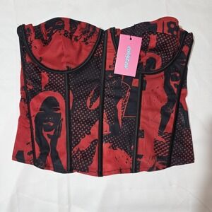 EDIKTED Corset Style Wrap Zip Bra Strap Blouse Top Shirt Red Black L NWT